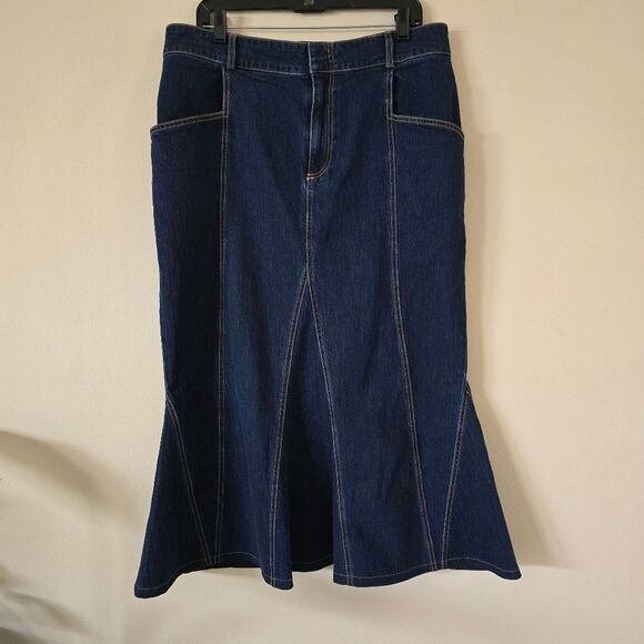 Anthropologie Pilcro Fluted Denim Maxi Skirt Stretch Dark Denim Size 16 Modest - Picture 8 of 8